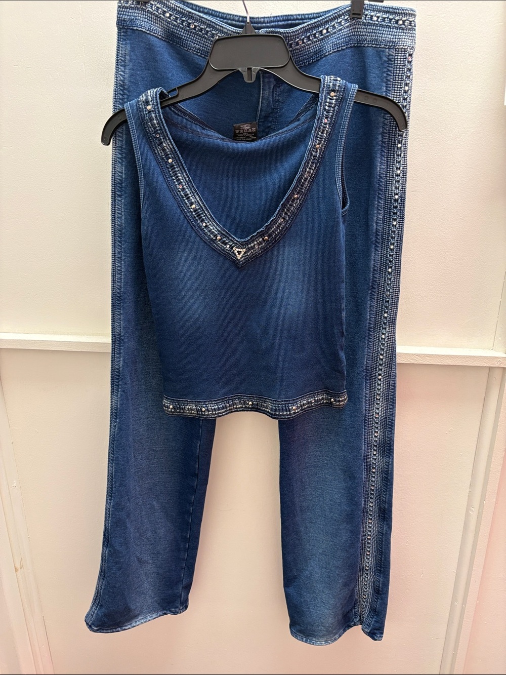 Embellished Blue Wide-Leg Jeans with Matching Tank